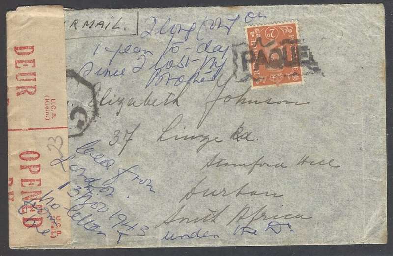 Union Paquebot: 1943 censored cover to Durban. See below.