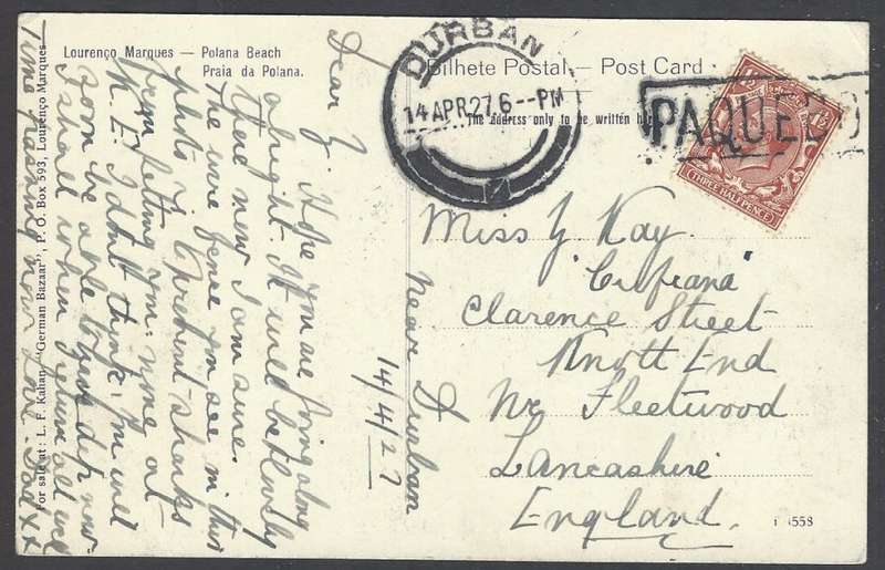 Union Paquebot: 1927 Lourenco Marques scene card from Durban to England. See below.