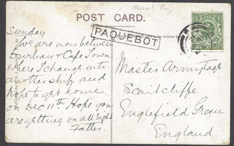 Union Paquebot: 1912 card from Mossel Bay to England. See below.