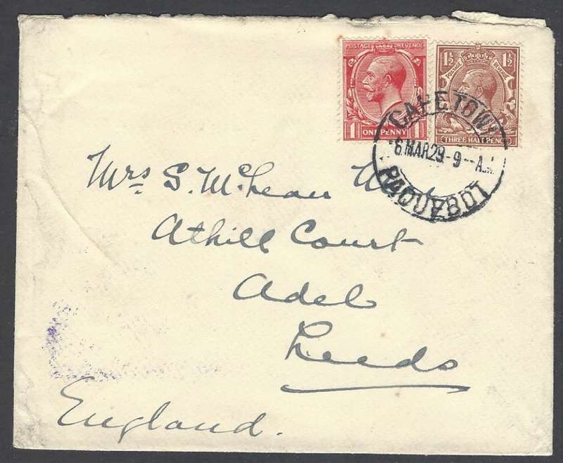 Union Paquebot: 1929 R.M.S. Packet Company envelope from Cape Town to Leeds, England. See below.
