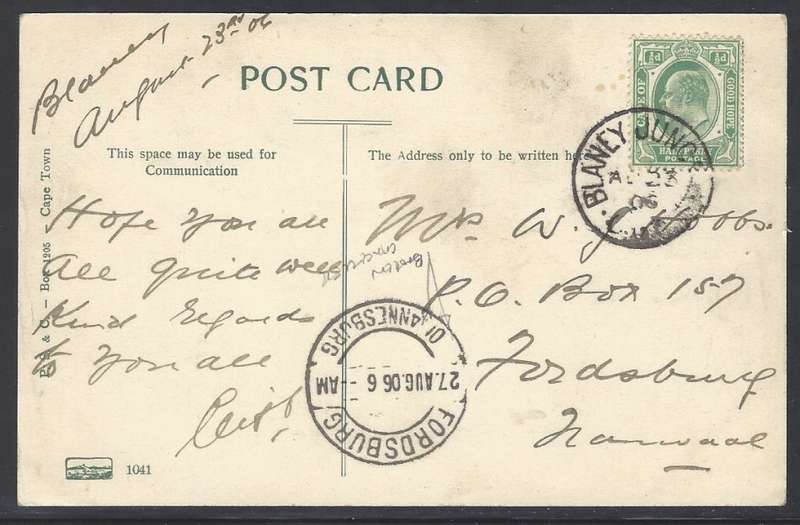 Cape: 1906 Historic Kalk Bay postcard from BLANEY JUNCTION to the FORDSBURG, Transvaal. See below.