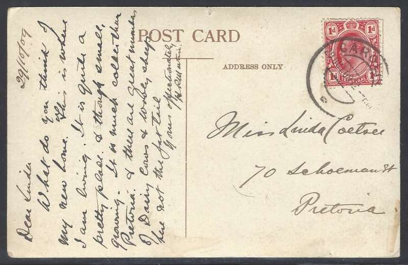Transvaal 1909 Historic postcard from CAROLINA to PRETORIA. See below.