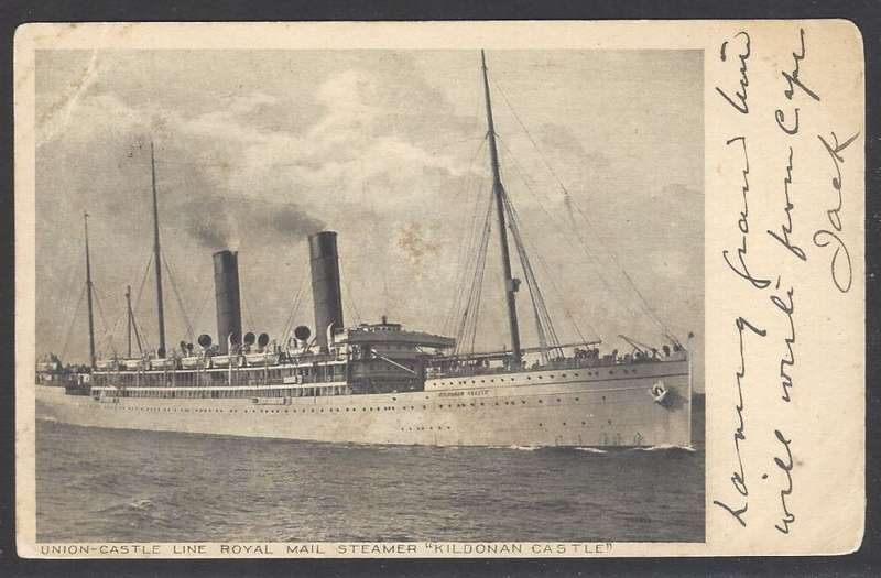 Cape 1904 Historic R.M.S. "Kildonan Castle" postcard from Port Elizabeth to Barberton. See below.