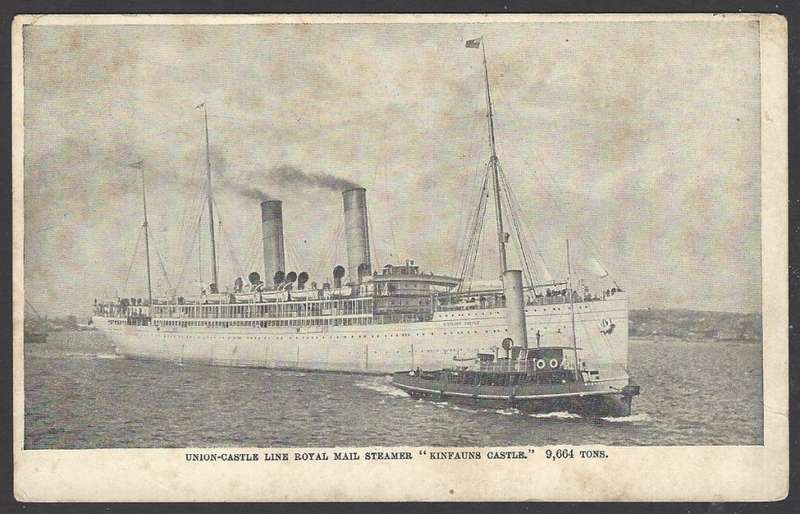 Cape 1914 Historic R.M.S. "Kinfauns Castle" postcard from East London to Durban. See below.