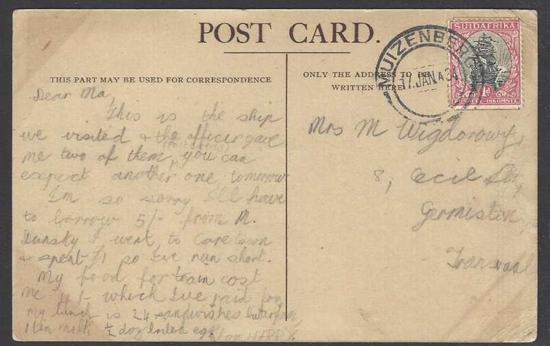 Cape 1934 R.M.S. "Armadale Castle" postcard from Muizenberg to Germiston. See below.