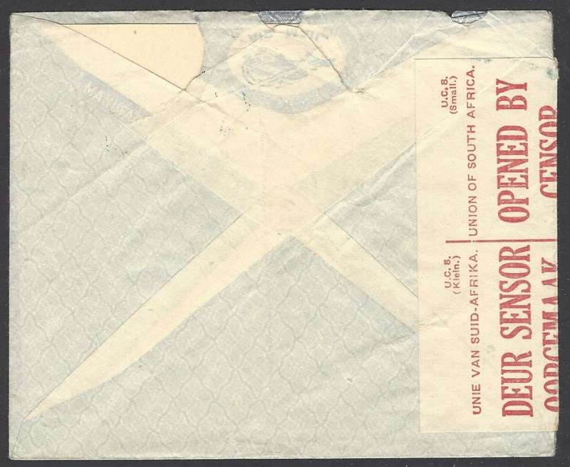 Union Paquebot: 1940 Censored cover from Durban to Essex, England. See below.