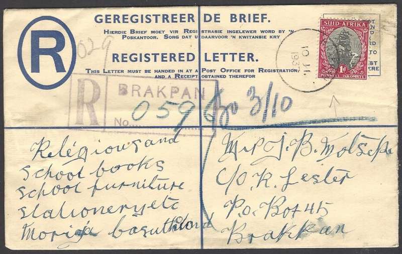 Union 1937 registered cover Brakpan Skeleton Relief cds via Maseru to Morija. See below.