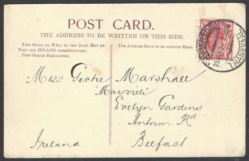 Transvaal 1907 MAGERSFONTEIN battlefield postcard from KRUGERSDORP to BELFAST, Ireland. See below.