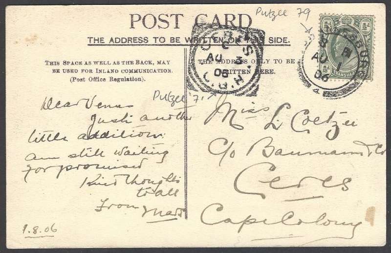 Transvaal: Scarce 1906 card JOHANNESBURG (counter) No. 4 (Putzel 79) to Ceres (Putzel 7). See below.