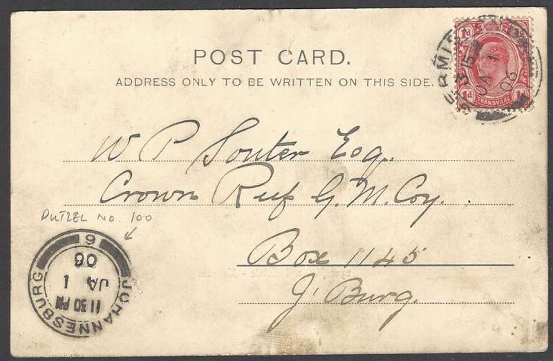 Transvaal: 1906 postcard to JOHANNESBURG (counter) No. 6 (Putzel 100) from Germiston. See below.