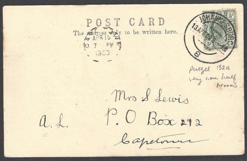 Transvaal: 1909 postcard JOHANNESBURG (counter) No. 8 (Putzel 132a) to Cape Town. See below.