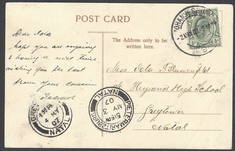 Transvaal: 1907 postcard JOHANNESBURG (counter) No. 9 to Greytown, Natal. See below.