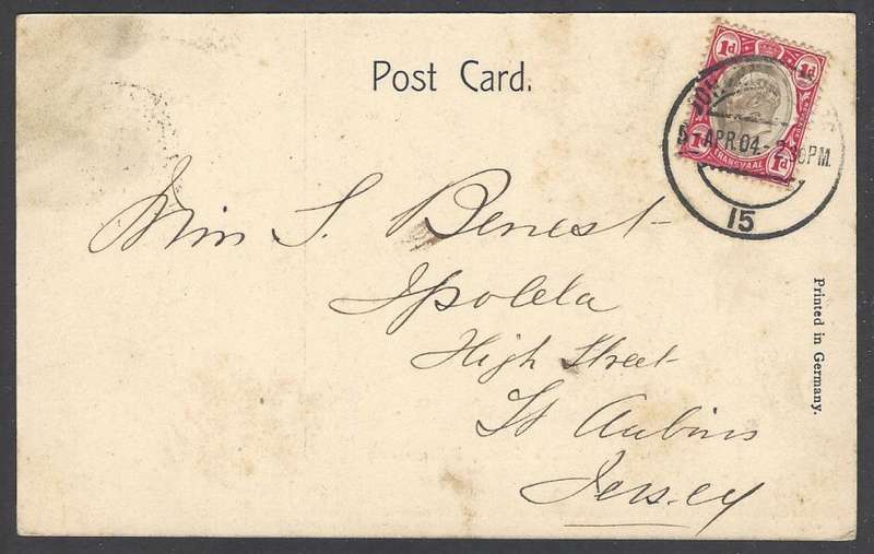 Transvaal: 1904 postcard JOHANNESBURG (counter) No. 15 (Putzel 192) to Jersey. See below.