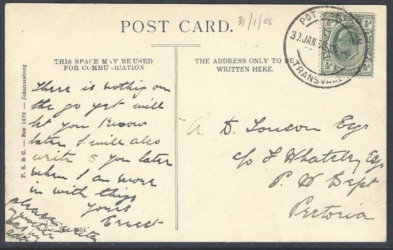 Transvaal: 1908 postcard from POTCHEFSTROOM to Pretoria. Putzel type 19 cds. See below.