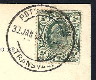 Transvaal: 1908 postcard from POTCHEFSTROOM to Pretoria. Putzel type 19 cds. See below.