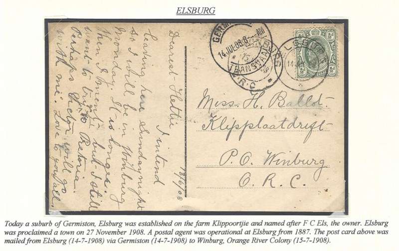 Transvaal Postal Agencies/Post Offices: ELSBURG. See below.