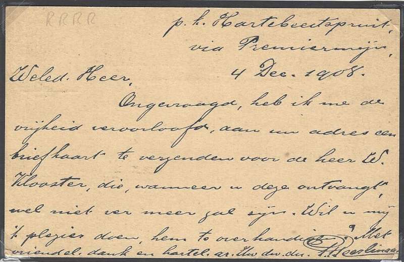 Transvaal Postal Agencies Rarity: ONLY KNOWN HARTEBEESTSPRUIT cds on postcard. See below.