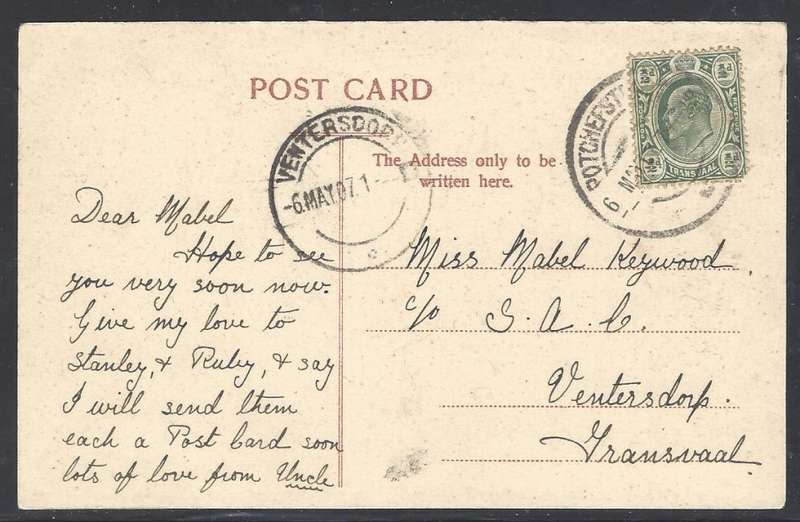 Transvaal: 1907 historic postcard from POTCHEFSTROOM to Ventersdorp. See below.