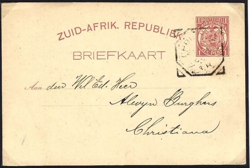 Transvaal Post Offices: Scarce 1892 CHRISTIANA Squared octagon handstamp.  See below.