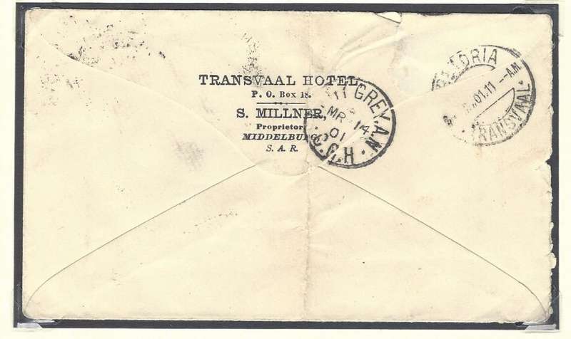 Boer War: 1901 Uncensored cover "Middelburg TVL" via Pretoria to Lady Grey. See below.