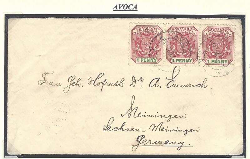 Transvaal post offices: "AVOCA" 1897. Earliest known cds and rare on cover. See below.
