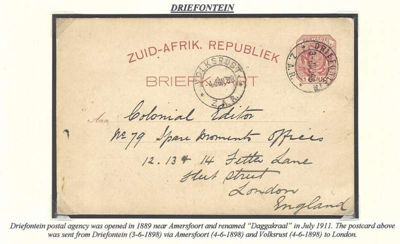 Transvaal post offices: Scarce 1898 DRIEFONTEIN postcard via AMERSFOORT, VOLKSRUST to London.