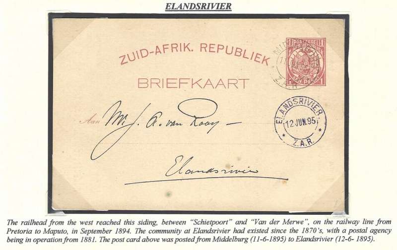 Transvaal post offices: Scarce 1895 ELANDSRIVIER cds on postcard from MIDDELBURG. See below.