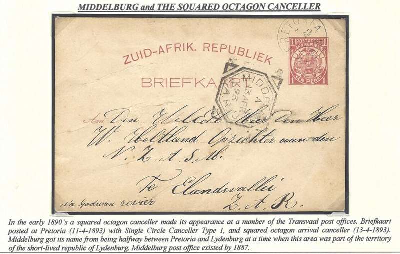 Transvaal: 1893 MIDDELBURG Squared Octagon cds on card to "ELANDSVALLEI". NZASM-related.