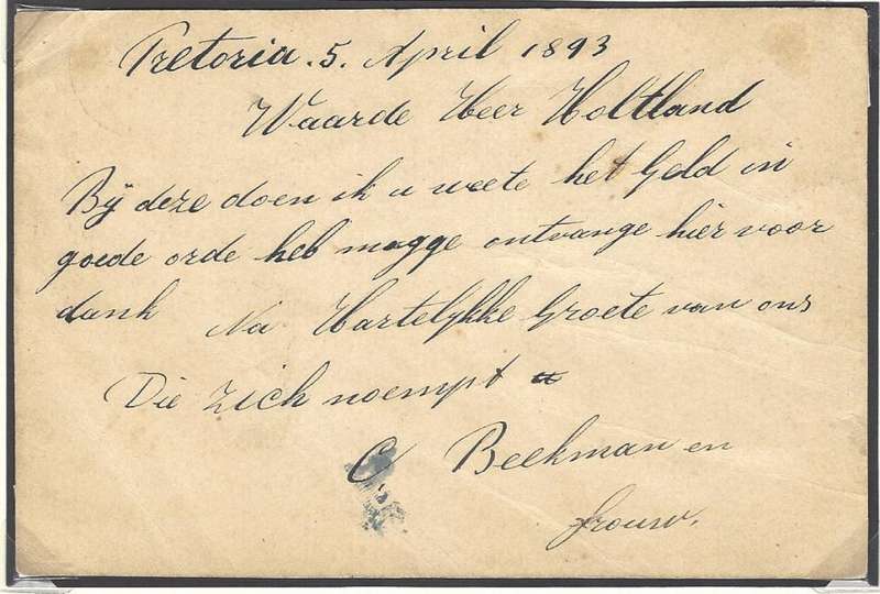 Transvaal: 1893 MIDDELBURG Squared Octagon cds on card to "ELANDSVALLEI". NZASM-related.