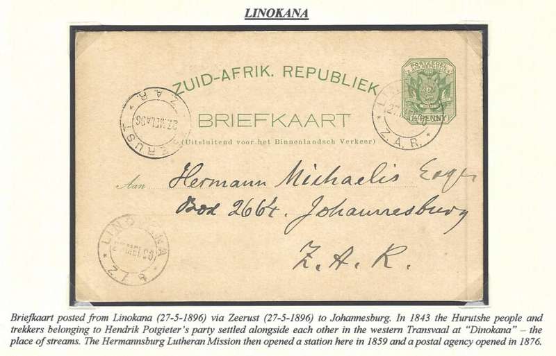 Transvaal: 1896 LINOKANA cds on card via ZEERUST to Johannesburg. See below.