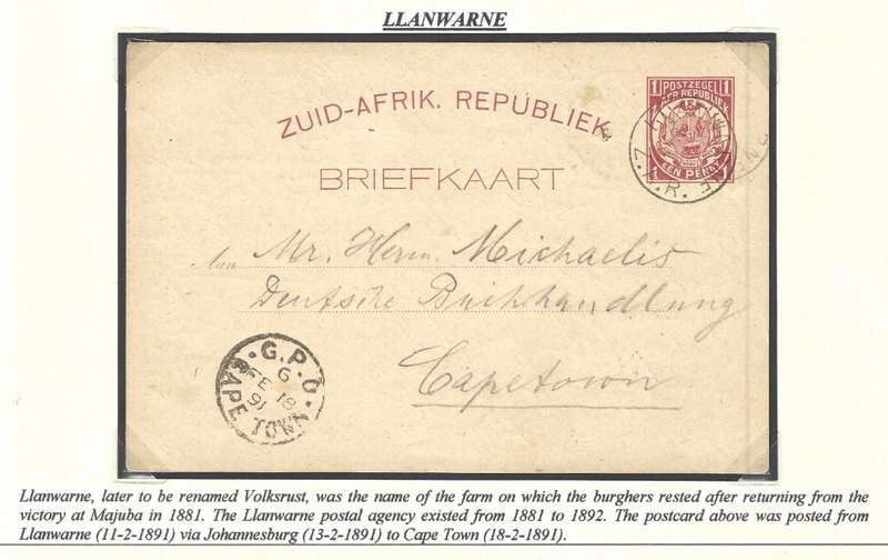 Transvaal: Very scarce ("RR") 1891 LLANWARNE cds on card via Johannesburg to Cape Town. See below.