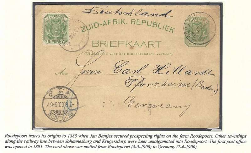 Transvaal: 1900 ROODEPOORT cds on uprated card to Germany. See below.
