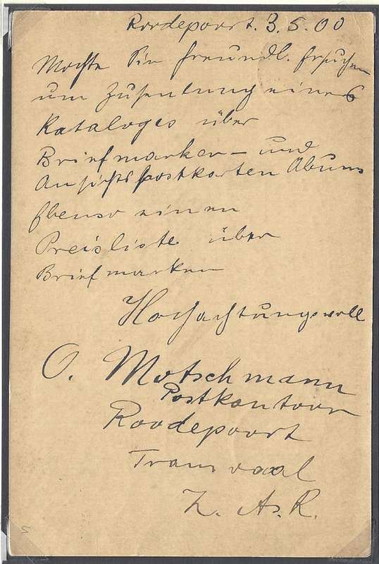 Transvaal: 1900 ROODEPOORT cds on uprated card to Germany. See below.