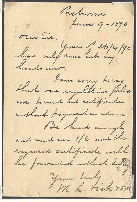 Transvaal: 1890 RUSTENBERG (with "E" instead of "U") cds on local card. See below.