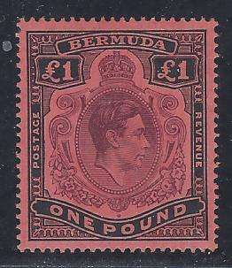 Bermuda 1938/53 George VI  £1 `GASH IN CHIN` major variety FM. SG 121bf.  CV £2250. See Below