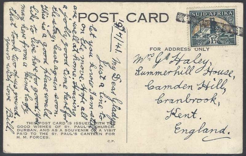 Union 1941 "PAQUEBOT" cds on Durban postcard to England. See below.