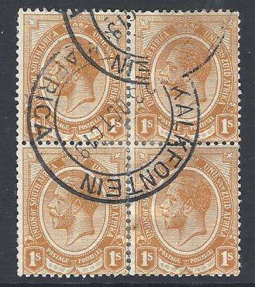 SWA Forerunners: 1s block of 4 with KALKFONTEIN 3/10/1919 cds. SACC SA 11. See below.