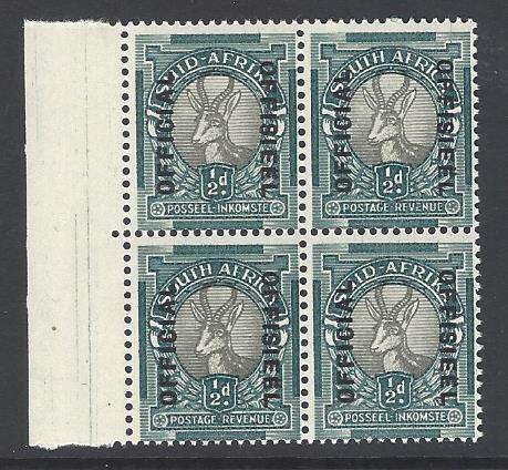 Union 1937/44 SACC 37 OFFICIAL marginal block of 4 superb MNH. See below.