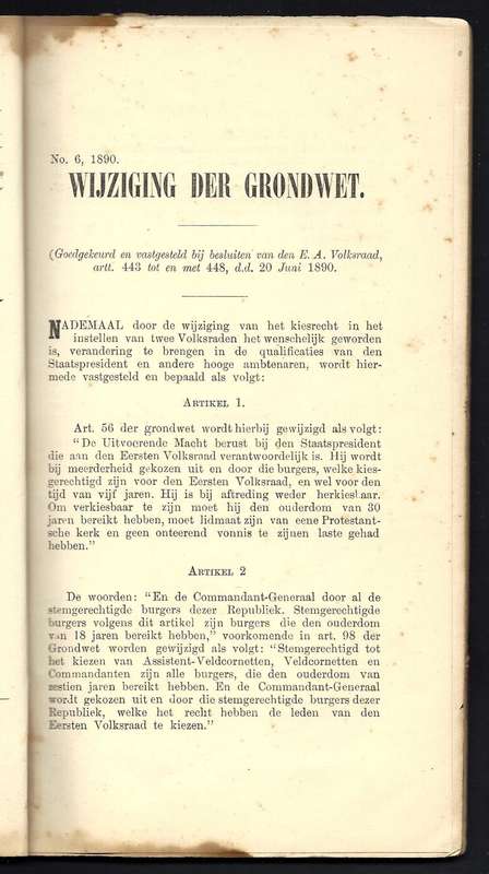 ZAR Rare 1889 Historic Grondwet publication with multiple Laws belonging to Barberton Veldcornet.