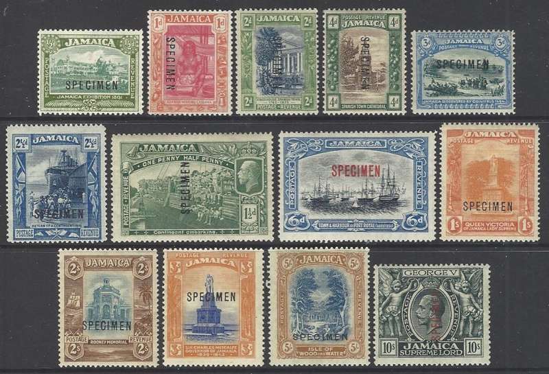 Jamaica 1921/9 SPECIMEN set of 13. CV GBP 300/ R 7,200. SG 94S/106S. VFM. See Below