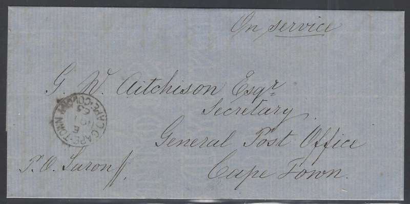 Cape Postal history: Rare 1865 SARON (Putzel RRR) cds wrapper to Cape Town. See below.