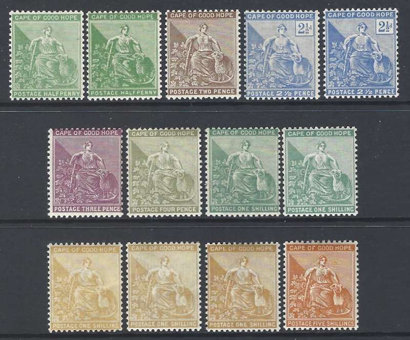 Cape Rectangles: 1893/8 extended set of 13 superb MNH. SACC56/63, 56a, 58a, 61b, 62b, c. See below.