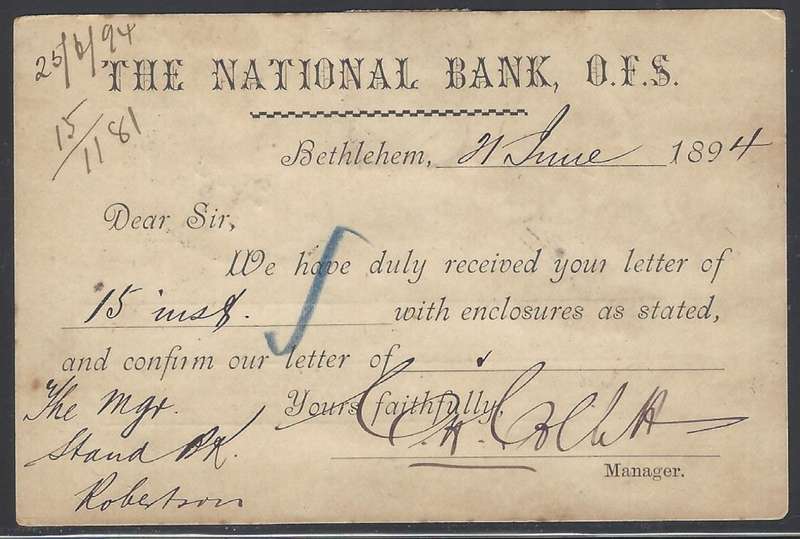 OFS: 1894 Scarce Brief Kaart: BETHLEHEM/TPO UP/ROBERTSON (Cape). See below.