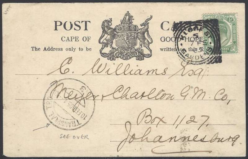 Transvaal: 1905 Cape p/card: KLOOF ST. GARDENS/TRANSVAAL TPO UP/JOHANNESBURG. See below.