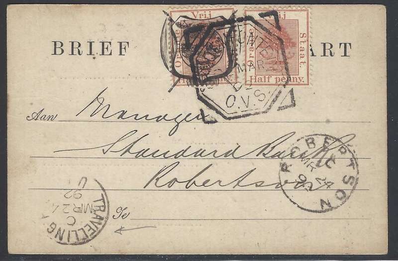OFS: 1892 Scarce Brief Kaart: BLOEMFONTEIN/TRAVELLING P.O. UP. (TPO)/ROBERTSON. See below.