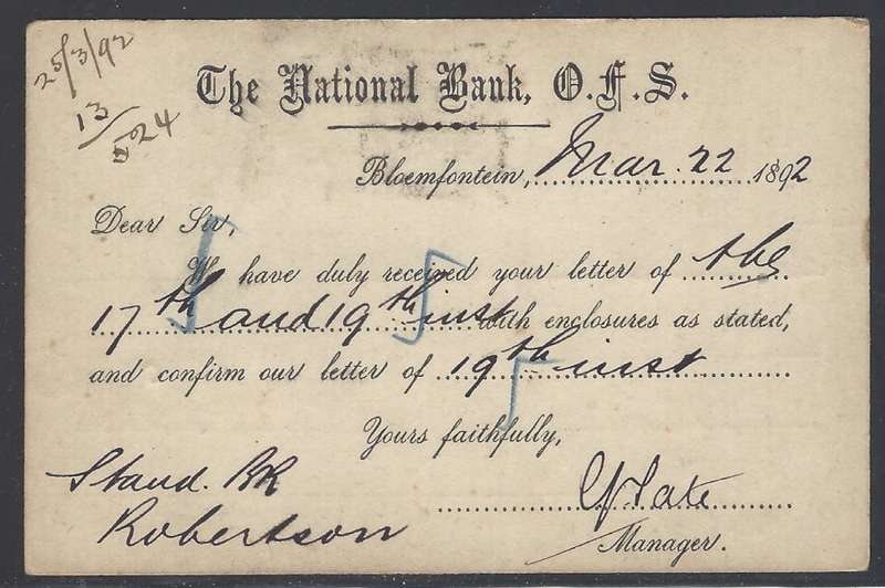 OFS: 1892 Scarce Brief Kaart: BLOEMFONTEIN/TRAVELLING P.O. UP. (TPO)/ROBERTSON. See below.