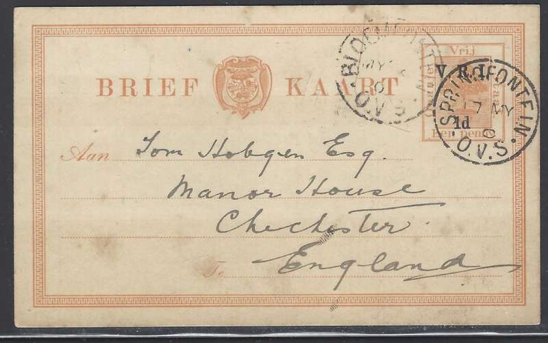 OFS/BOER WAR uncensored 1900 "V.R.I." Brief Kaart: SPRINGFONTEIN/BLOEMFONTEIN/CHICHESTER. See below.