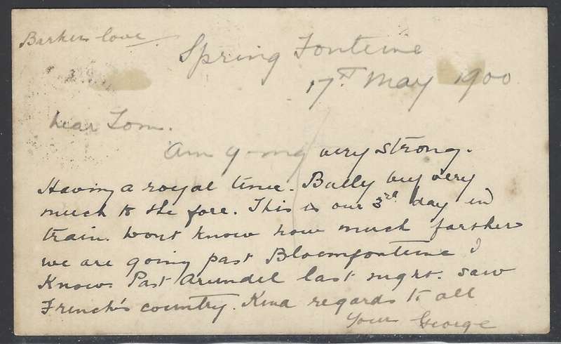 OFS/BOER WAR uncensored 1900 "V.R.I." Brief Kaart: SPRINGFONTEIN/BLOEMFONTEIN/CHICHESTER. See below.