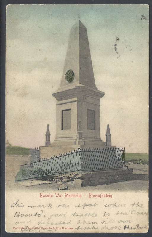 OFS: 1906 Basuto War Memorial p/card BLOEMFONTEIN to NORFOLK. See below.