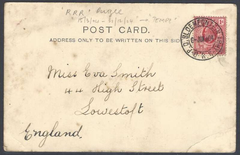OFS: 1904 Very scarce (Putzel "RRR") "BLOEMFONTEIN ARMY P.O." cds p/card. See below.
